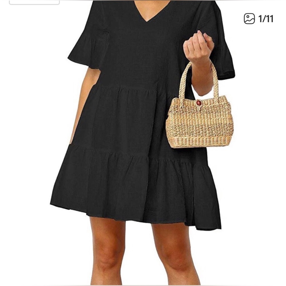 Francesca Bettini 100% Linen Black V-Neck Tiered Mini Dress Made in Italy 22A080